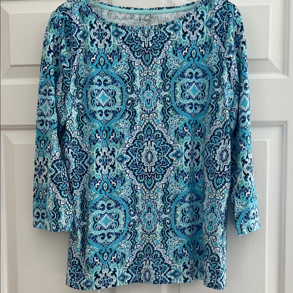 Talbots Blue and Aqua Patterned Long Sleeve Top